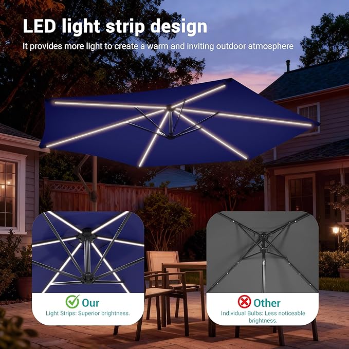 10ft Offset Patio Umbrella with Solar Light Strips,Outdoor Cantilever Hanging Umbrella with Cross Base, Fade Resistant Recycled Fabric, for Pool, Deck, Garden,Backyard,
