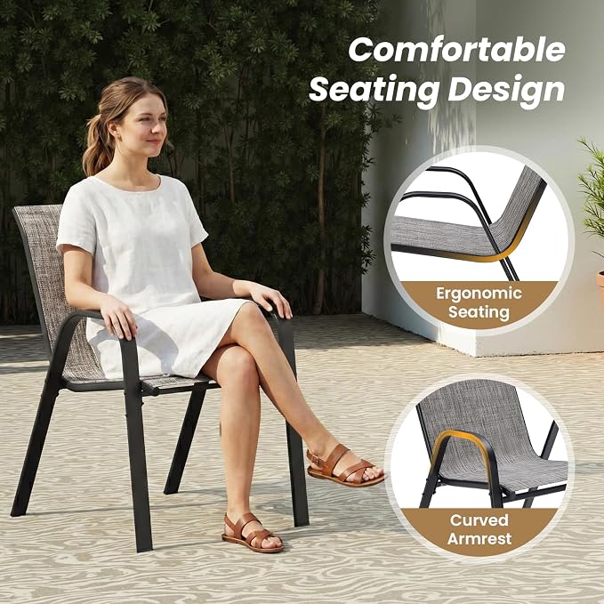 Soohow Outdoor Dining Set for 4, Outdoor Patio Dining Set 4 x Stackable Chairs & 1 x Wood-Like Outdoor Table with Umbrella Hole, All-Weather Patio Table and Chairs for Poolside, Backyard and Porch