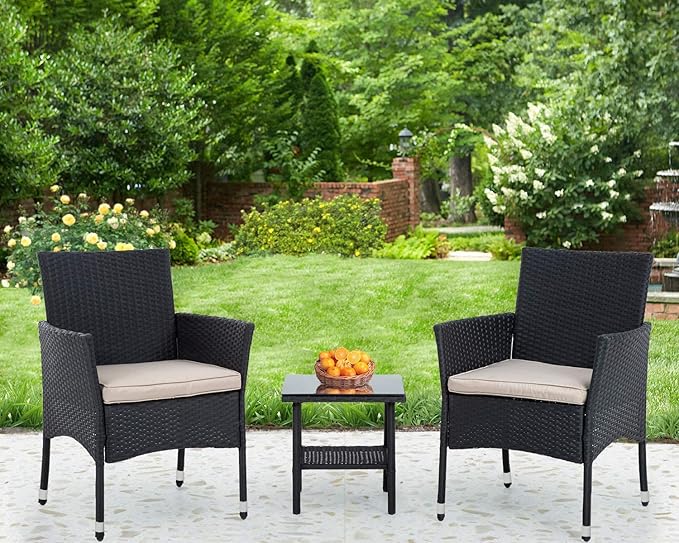 PayLessHere 3 Piece Furniture Patio Chairs Wicker Outdoor Rattan Conversation Bistro Set for Backyard Porch Poolside Lawn (Black)