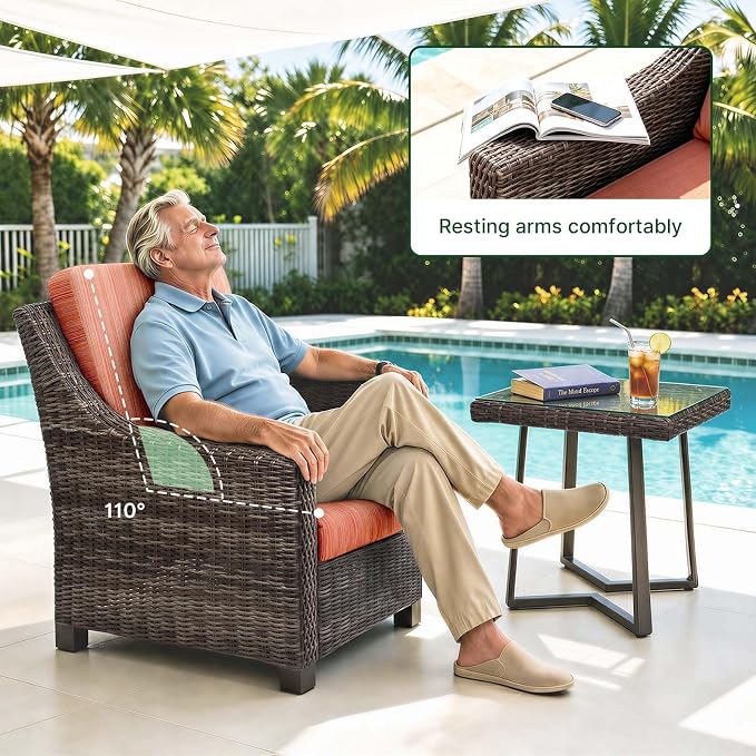 Wicker Patio Conversation Set, Outdoor Patio Chair Set with Deep Seating, Wide Armrests & Thick Cushions, All-Weather Outdoor Furniture Set for Patio, Porch, Deck & Backyard