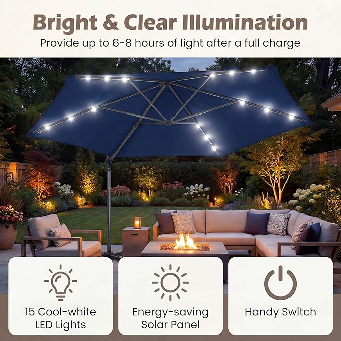 HAPPYGRILL 10 FT Patio Umbrella with Solar Lights, Outdoor Offset Cantilever Umbrella with White LED Lights, 360 Degree Rotation, Air Vent for Pool Deck Garden Backyard