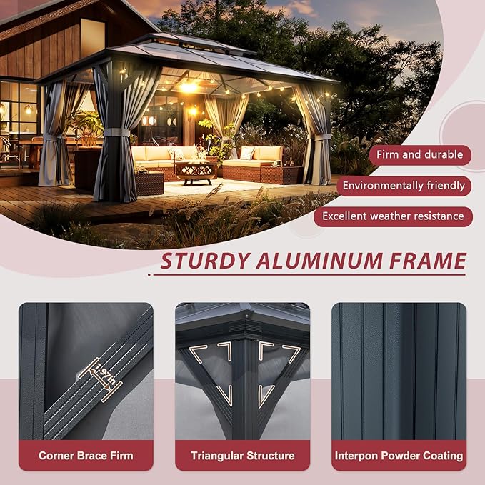 12’x16’ Hardtop Gazebo with Double Polycarbonate Roof, Sturdy Aluminum Frame & Removable Curtains/Netting,Outdoor Metal Shelter Pergola for Garden, Patio, Lawn (Grey)