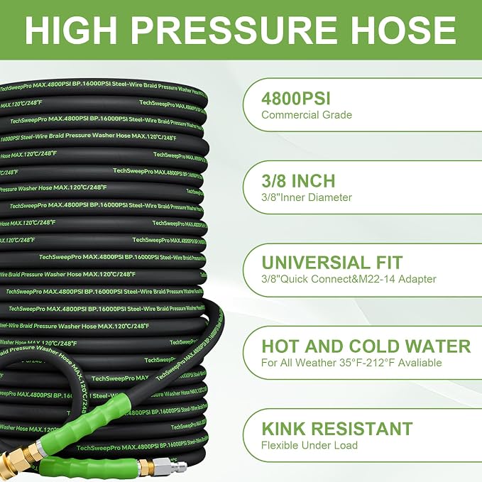 3/8" 4800PSI Pressure washer hose 100ft for cold and hot water Max 248°F with 3/8"quick connect Kink resistant Steel Wire Braided Power Washer Hose with M22 14mm Adapter,Green
