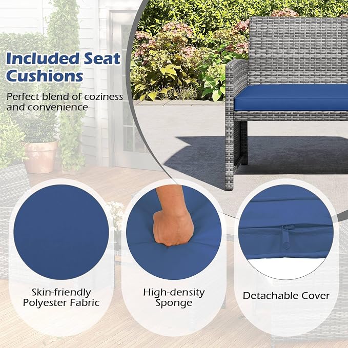 RELAX4LIFE 8-Piece Patio Furniture Set - Wicker Rattan Outdoor Sectional Sofa Set w/Glass Coffee Table, Loveseat, 2 Chairs & Soft Cushions, Bistro Conversation for Garden Porch (2, Grey-Navy)