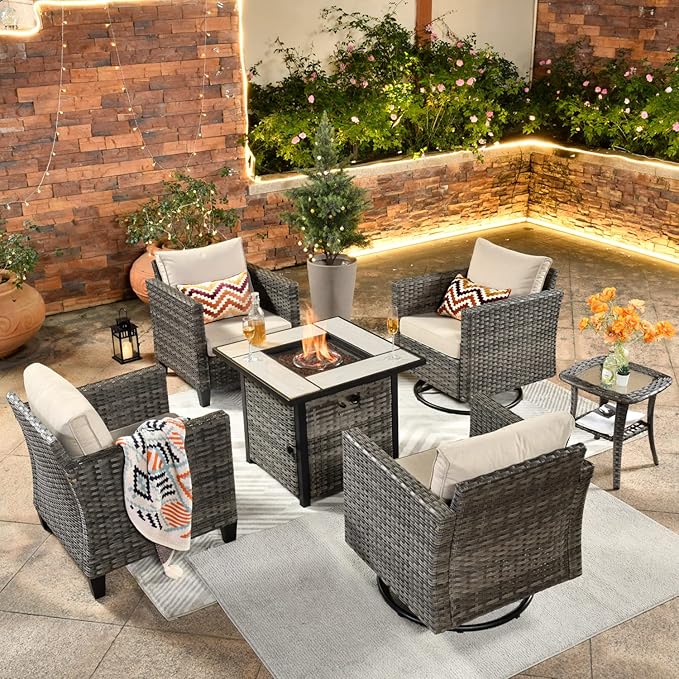 ovios 6 Pieces Patio Furniture Set, Outdoor Wicker Rattan Swivel Chairs with 30" Fire Pit Table, High Back Rocking Glider Chair Conversation Sets for Porch Deck, Beige