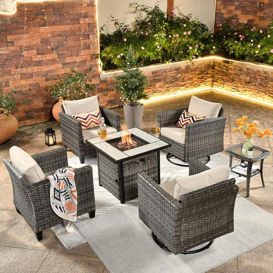 ovios 6 Pieces Patio Furniture Set, Outdoor Wicker Rattan Swivel Chairs with 30" Fire Pit Table, High Back Rocking Glider Chair Conversation Sets for Porch Deck, Beige