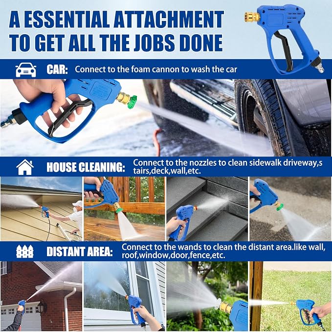 Stubby Swivel Pressure Washer Gun - 5000 PSI / 10 GPM with 3/8" Male Plug and 1/4” Quick Connector and M22-14mm M22-15mm Connector Comprise 5 Nozzle Tips - Compatible with Foam Cannon
