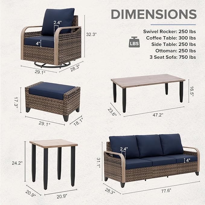COOS BAY Modern Wicker Outdoor Furniture Set, 9 Piece Patio Conversation Set with 4 Swivel Rockers, a 3 Seat Couch, 2 Ottomans, Coffee Table & Side Table, 9 Piece, Brown/Blue