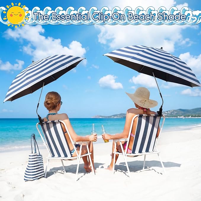 2 Pcs Beach Umbrella with Clamp UV Protection 48 Inch Adjustable Umbrellas for Chair with 360° Universal Clamps for Beach Camping Stroller Wheelchair, Chair Not Included(Blue Stripes)