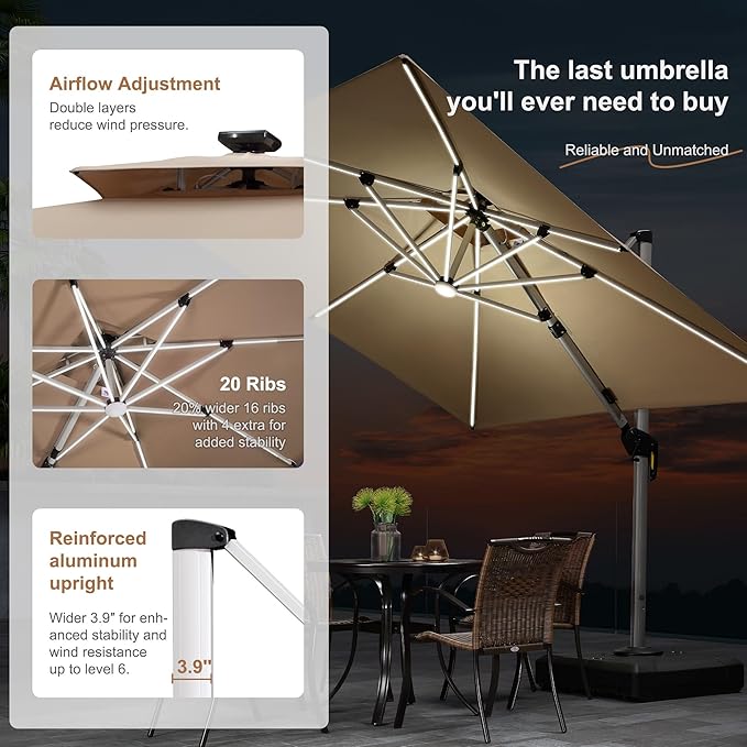 PURPLE LEAF Cantilever Umbrella 10' X 10' Solar Powered LED Offset Double Top Patio Outdoor Umbrella for Garden, Deep Beige