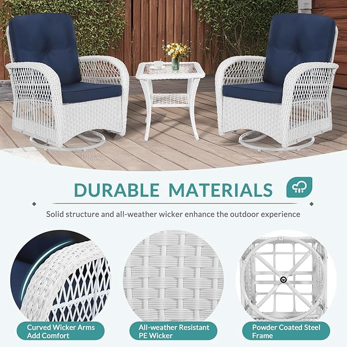 MEETWARM 3 Pieces Outdoor Wicker Swivel Rocker Patio Set, Rocking Chairs Rattan Patio Furniture Sets with Thickened Cushion and Glass-Top Coffee Table, Conversation Bistro Set, White Wicker/Navy