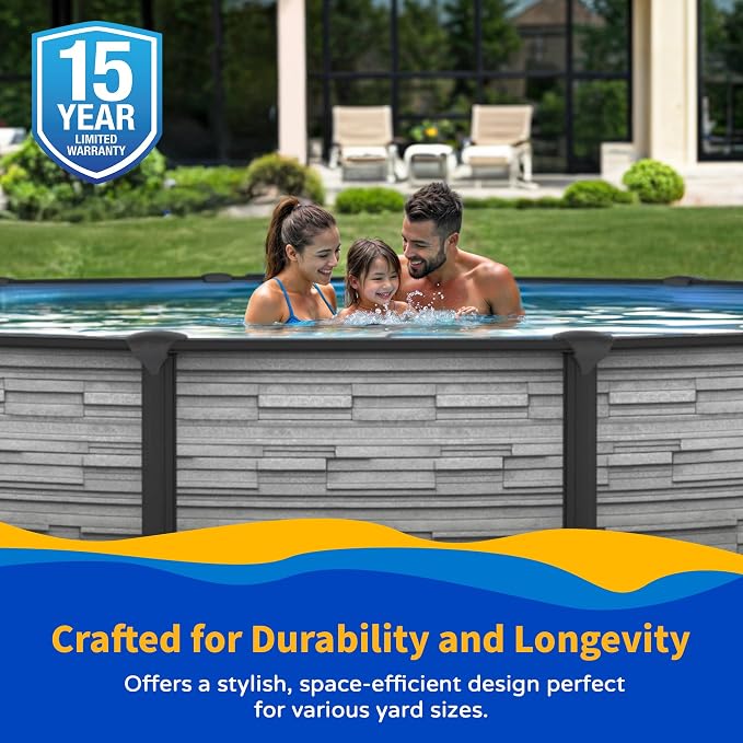 Blue Wave Montilla 15-ft Round 52-in Deep Above Ground Swimming Pool – with Steel Wall & Top Rails, Sand Filter, Overlap Liner, A-Frame Ladder & Maintenance Kit – Complete Outdoor Pool Accessories