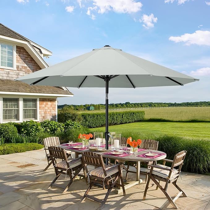 MASTERCANOPY 9FT Patio Umbrella with Push Button Tilt and Crank, Outdoor Market Umbrella with 8 Sturdy Ribs, UV Protection & Waterproof for Garden, Deck, Backyard, Pool (Light Gray)