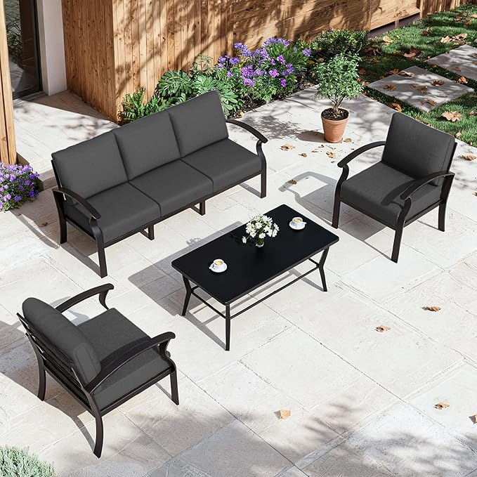 ALAULM Aluminum Patio Furniture Set with Coffee Table Rectangular，5-seat Outdoor Sectional Furniture w/Swivel Chairs，Patio Conversation Set for Porch, Backyard, Poolside-Black