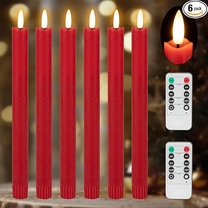 JOIONE Flameless Taper Candles with Remote Timer, 9.6" Red Real Wax Flickering Battery Operated Warm Light Electric LED Candle, Perfect for Christmas Party Wedding Decoration (6 Pack)