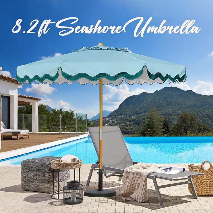 AMMSUN 8.2ft Vintage Wood Outdoor Umbrella, with a pulley system, UPF 50+, for markets, gardens, porches, courtyards, beach terraces, cafes, taverns, dining tables, pool sides, wedding venues