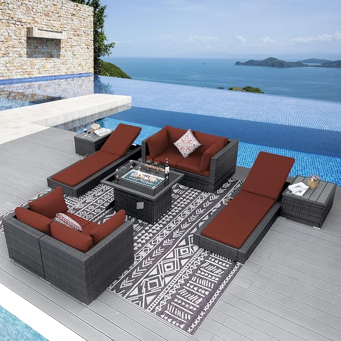 NICESOUL 9 Piece Patio Furniture Set with Firepit, Modern Outdoor Sectional Couch with Chaise Lounge, Comfy 29.3'' High-Back Backyard Seating, All-Weather Modular Sofa for Garden, Yard, Grey & Red