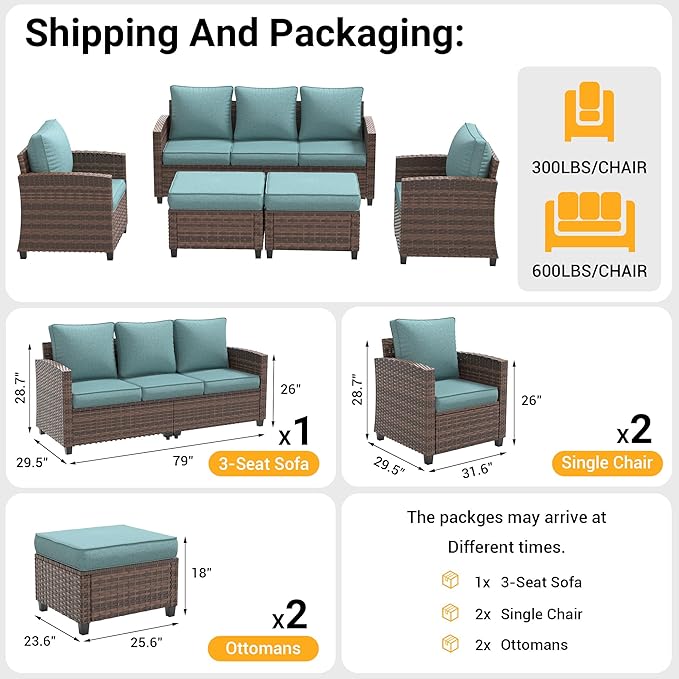 Patio Furniture Set, 5 Pieces Outdoor Sectional Couch with Chairs, Ottomans and Thick Cushions, All Weather Wicker Rattan Patio Conversation Set, Light Blue