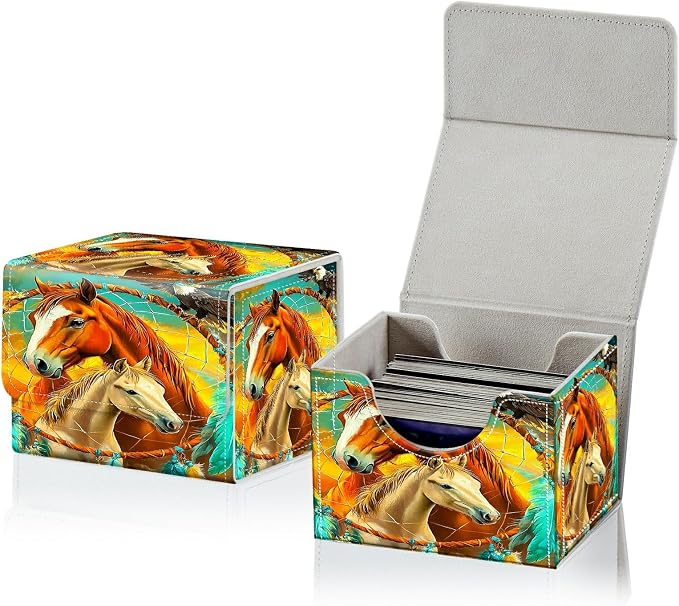 Card Deck Box for MTG, Cards Storage Box Fits 120+ Sleeved, Leather Small Size Strong Magnetic Closing Card Case for Board Games Magic TCG Baseball Collection, Two Horses Paving Dream Net