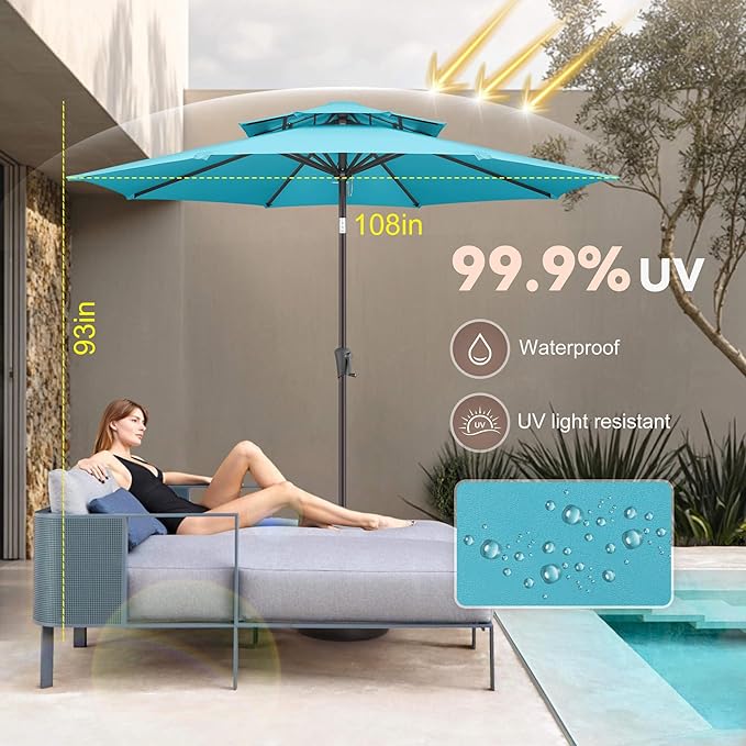 Jarka&Co 9ft Patio Umbrella Outdoor - 2 Tiers Table Outdoor Umbrella with Push Button Tilt Waterprool UV Protection, Sun Umbrella for Pool, Porch, Garden, Deck, Backyard (Aqua Blue)