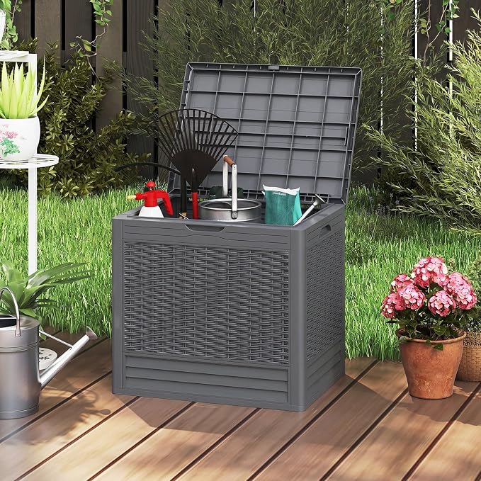 Tangkula 25 Gallon Outdoor Storage Box, Waterproof PP Resin Patio Storage Box with with Lockable Lid for Indoor & Outdoor Use, 2-in-1 Rattan Design Deck Box for Patio Cushions, Garden Tools