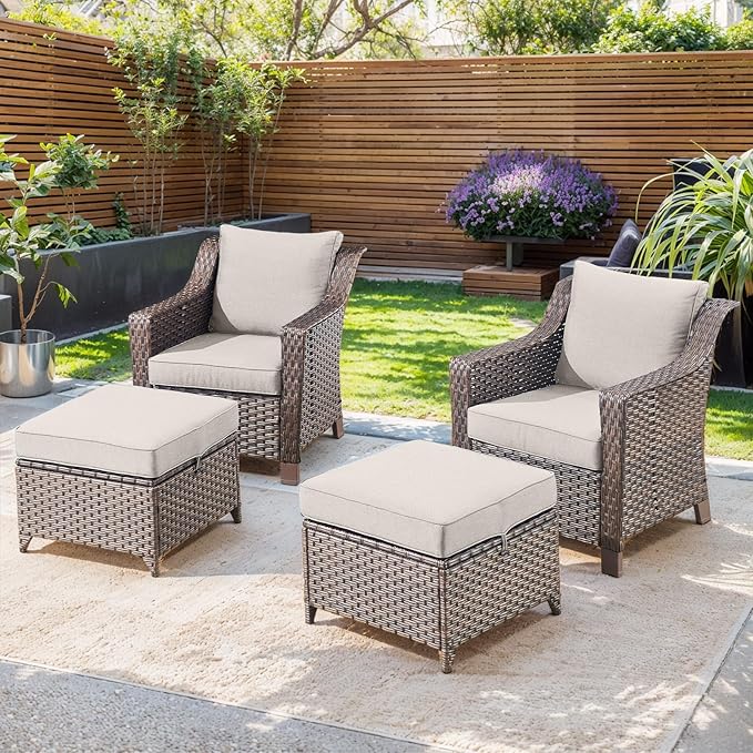 Outdoor Wicker Chair Patio Chairs-Rattan Wicker Chairs with Ottomans Patio Conversation Sets for Porch Garden Balcony Backyard Poolside-Brown/Beige