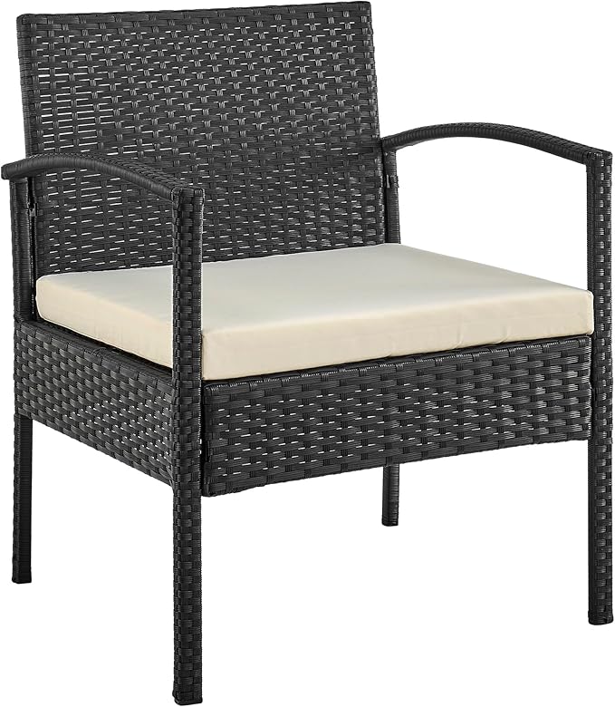 Manhattan Comfort Noli 3-Piece Patio Conversation Set, Outdoor Furniture Made of Steel Rattan | Includes 2 Modern Armchairs, Tempered Glass End Table, Removable Waterproof Cushions, Cream