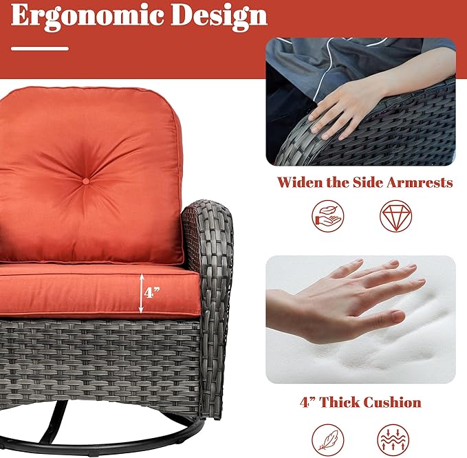 Patio Furniture Conversation Set with Ottomans, 5 Piece Wicker Patio Swivel Rocking Chairs with 360° Swivel Glider and Glass Coffee Table for Porch, Deck, Garden,Red
