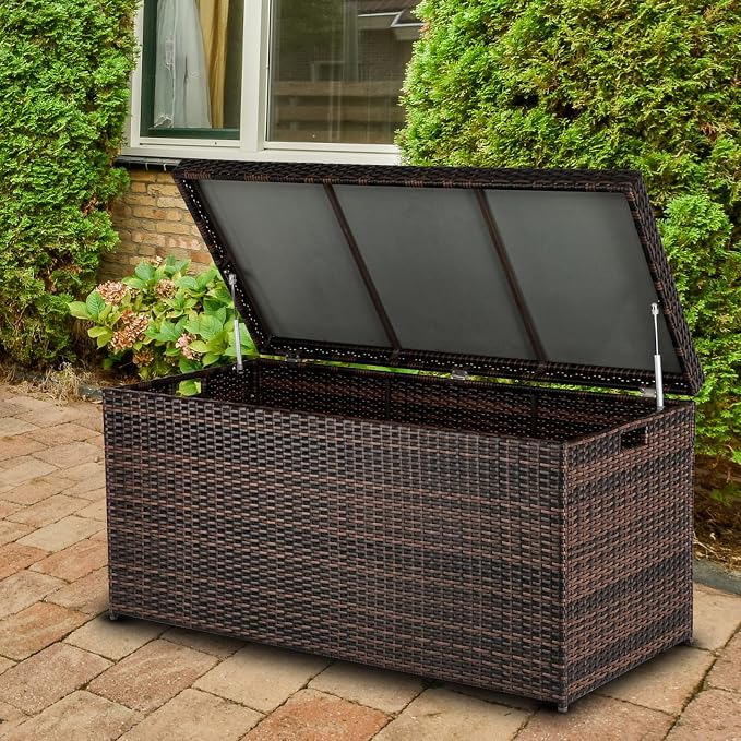 VINGLI Outdoor Wicker Storage Box, 132 Gallon Patio Rattan Deck Box, Wicker Storage Bench for Indoor & Outdoor Use