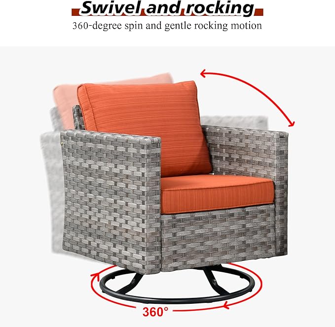HOOOWOOO Outdoor Patio Sectional Furniture Sofa Set with Propane Gas Fire Pit Table,9 Piece Modern Wicker Couch with Swivel Chair,Modular L Shaped Conversation Seating Set with Wide Arm(Orange Red)