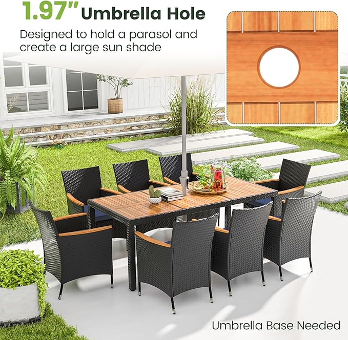 HAPPYGRILL 9 Pieces Outdoor Dining Set for 8, Patio Furniture Set with Acacia Wood Tabletop, Umbrella Hole, Seat Cushions, Rattan Dining Table & Chairs Set for Garden Yard Poolside