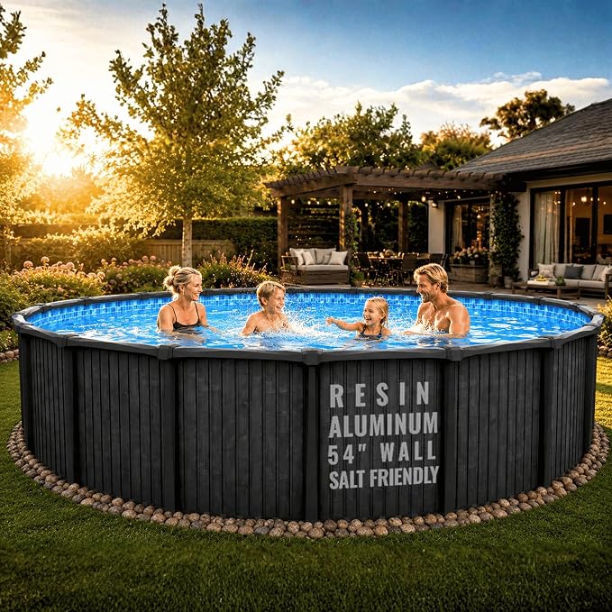 27 FT 54-Inch Round Above Ground Swimming Pool Kit | Saltwater Friendly Aluminum Wall Pool Set with Heavy Duty Premium Resin Top Rails & Uprights | Includes 20 Mil Overlap Liner, Skimmer & Return