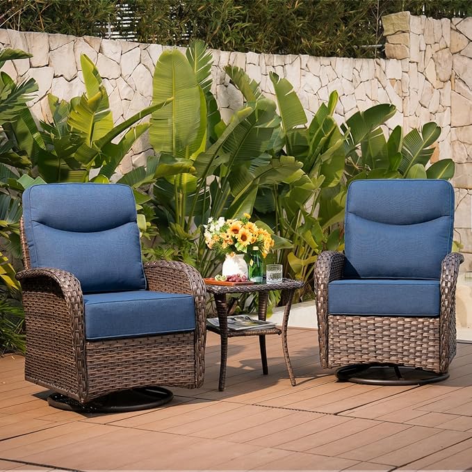Belord Upgraded 6“ Cushion Luxury 3 Pieces Patio Furniture Set - All Weather Wicker Outdoor Swivel Rocker Patio Chairs of 2 with Side Table, High Back Glider Chairs Set for Deck Porch - Brown/Blue
