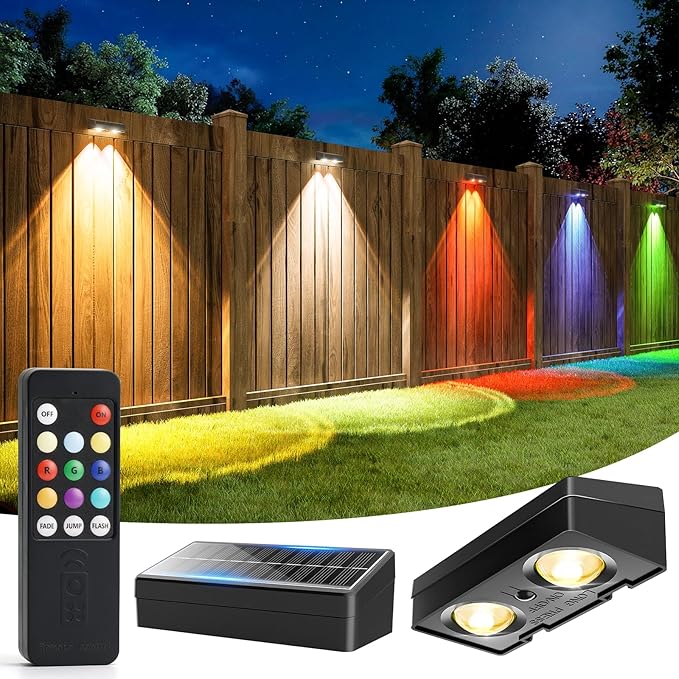 JOFIOS Solar Fence Lights with Remote, Warm White, Cool White and RGB Color Glow LED Outdoor Wall Lights, IP65 Waterproof Solar Lights for Fence, Backyard, Railing, and Deck, Home Improvement, 2 Pack