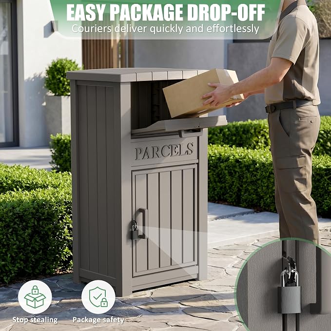 Large Package Delivery Boxes for Outside Waterproof Parcel Drop Storage Box UV Resistant Resin Lockable Secure for Outdoor Porch Patio (Grey)