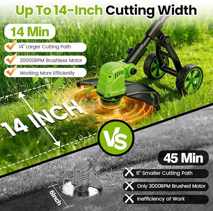 14" Electric String Trimmer Cordless Battery Powered Weed Eater with Wheel, 3-in-1 Cordless Grass Trimmer/Electric Weed Wacker/Edger, Weed Trimmer with 8 Replacement Spools for Garden, Lawn (Green)