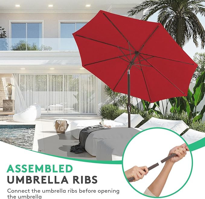 JEAREY 10FT Outdoor Patio Umbrella Outdoor Table Umbrella with Push Button Tilt and Crank, Market Umbrella 8 Sturdy Ribs UV Protection Waterproof for Pool, Garden (Red)