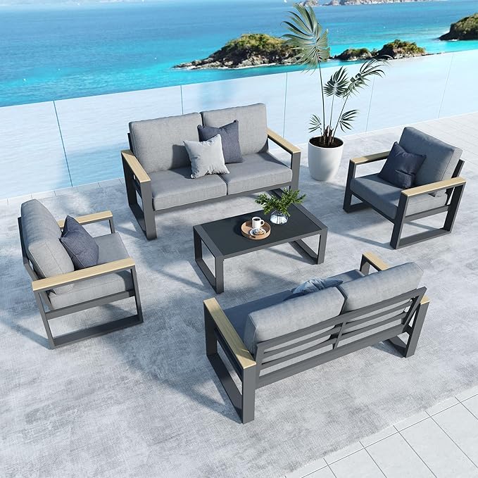 Aluminum Outdoor Patio Furniture Set with Height-adjustable Footrest for Lawn Porches Patio, 6-Seats All-weather Patio Sofa Sets with Coffee Table, Modern Outdoor Patio Conversation set, Grey