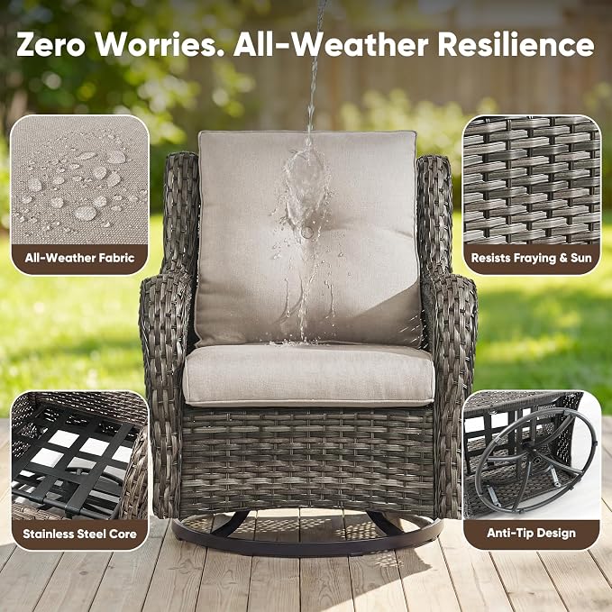 Belord Outdoor Swivel Chairs Set of 2,Patio Wicker Rocker Chairs,All Weather Patio Conversation Furniture Set, Ideal for Porch Balcony Deck Yard, Gray Wicker/Beige