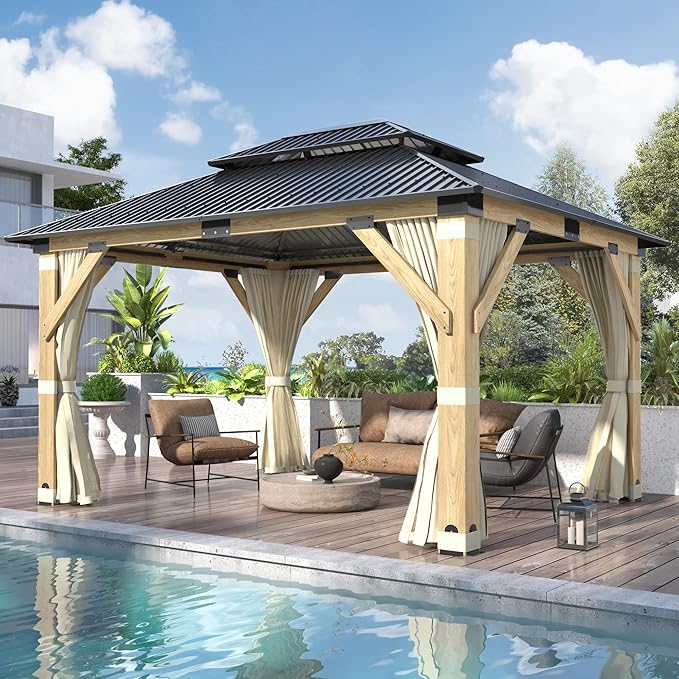 COVERONICS 11FT x 13FT Outdoor Wood Gazebo - Patio Wooden Gazebo with Galvanized Steel Hardtop, Heavy-Duty Double Roof Gazebos with Netting & Curtains for Garden, Poolside, Deck, Backyard