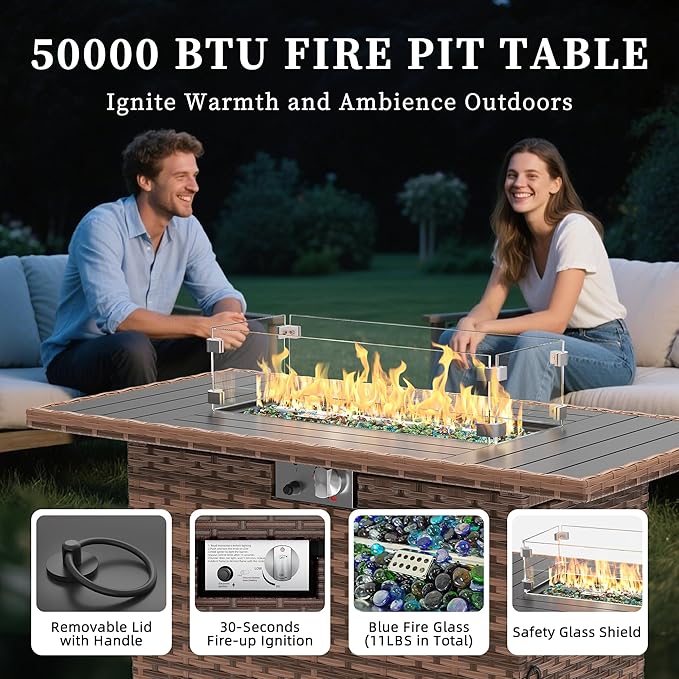 UDPATIO Patio Furniture Set with Fire Pit Table and Swivel Rocking Chairs, 5 Pieces Outdoor Wicker Furniture Set with Waterproof Cover, 4'' Thickened Cushion, Khaki