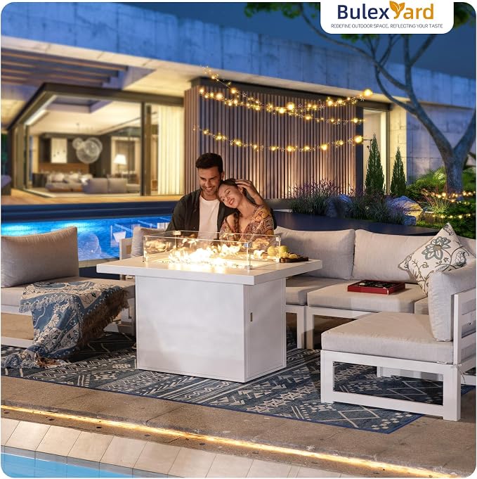 BULEXYARD 6 Person Large Modern Aluminum Outdoor Patio Furniture Set with Fireplace, 29" Wide Deep Seating, U Shaped Combo Sectional Couch, Water Resistant Conversation Set for Backyard Terrace, White
