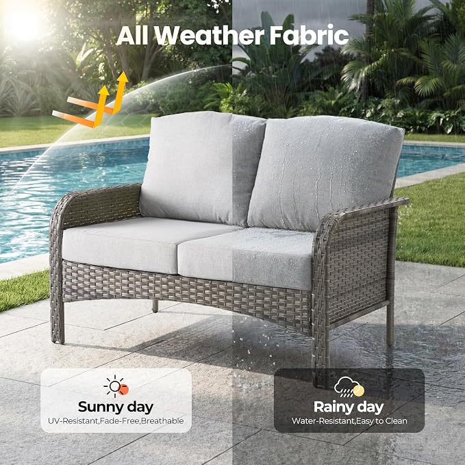 7 Piece Wicker Patio Furniture Set with Swivel Rocker Chairs, Gray | High Back Rocking Chair Sofa, Heavy Duty All Weather Rattan Outdoor Conversation Set, Thick Cushion, Balcony Porch Backyard
