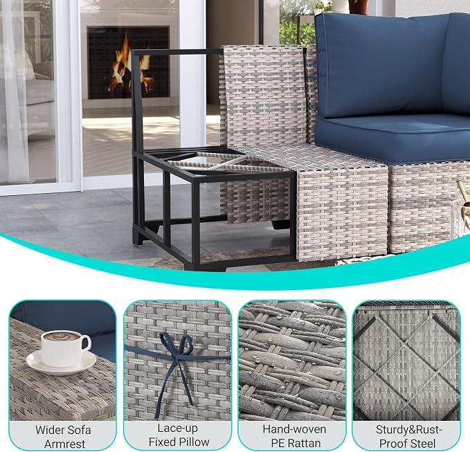 13-Piece Outdoor Patio Furniture Set with Rocking Swivel Chair, PE Wicker Rattan Sectional Sofa Patio Conversation Set with 55,000 BTU Fire Pit Table & Coffee Table, Navy Blue