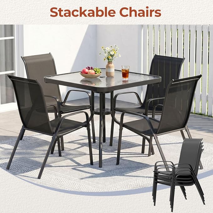 TLSUNNY Patio Dining Set 5 Pieces, All Weather Outdoor Furniture W/30"X 30" Table and 4 Stackable Textilene Chairs, Metal Table and Chairs for Lawn, Garden, Poolside, Backyard (Umbrella not Included)