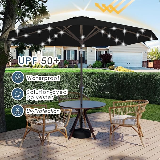 9FT Patio Umbrella with Solar Lights,Outdoor Market Umbrella with Tilt and Crank, LED Lighted Table Umbrella for Garden,Deck,Backyard,Pool,Beach (Black)