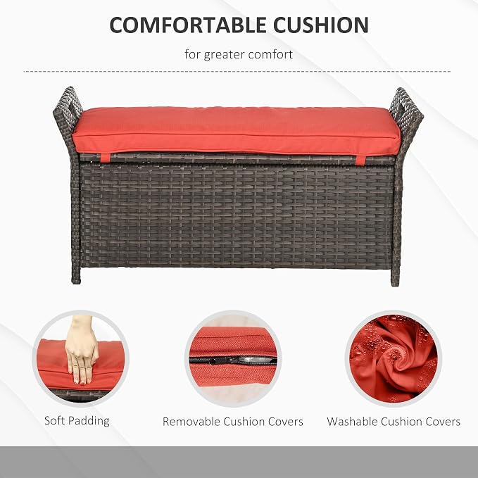 Outdoor Rattan Wicker Storage Bench with Cushion, Patio Storage Deck Box for Outdoor Furniture Cushions, Garden Tools (Red)
