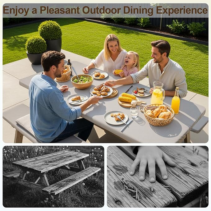 Picnic Table Cover with Bench Covers Camping Essentials Waterproof Windproof Camping Tablecloth with Drawstring Bag, Fitted Rectangle Tables and Seats, 72in, Beige Linen Texture