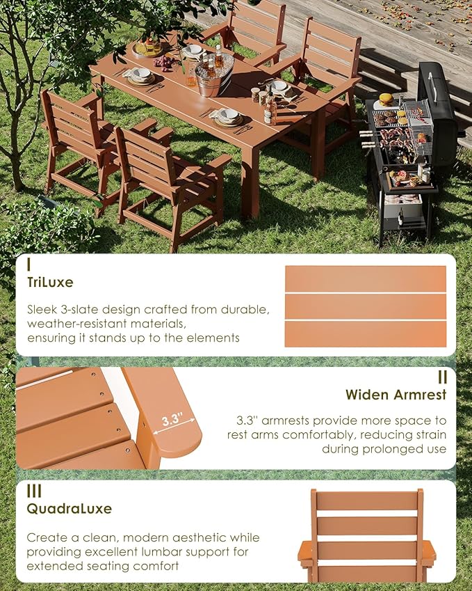 GREENVINES 7-Piece Outdoor-Dining-Set | HDPE Plastic 67'' Table and Chairs Sets for 6 | Patio Furniture | All Weather | Umbrella Hole | Teak | for Poolside Garden Backyard