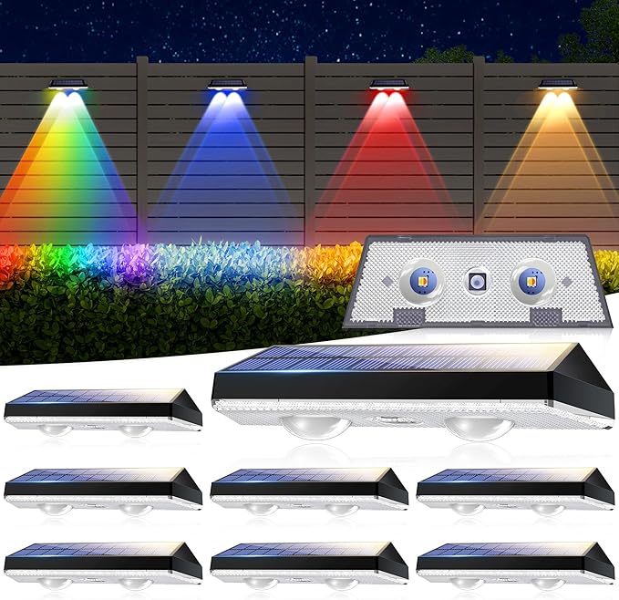 Solar Fence Lights Outdoor, Waterproof LED,RGB Color Mode 6 Solid Monochrome, SolarPowered Wall Lights with 500mAhBattery,Solar Fence Lights lP65 Weatherprooffor Garden, Yard, Balcony (8-Pack)